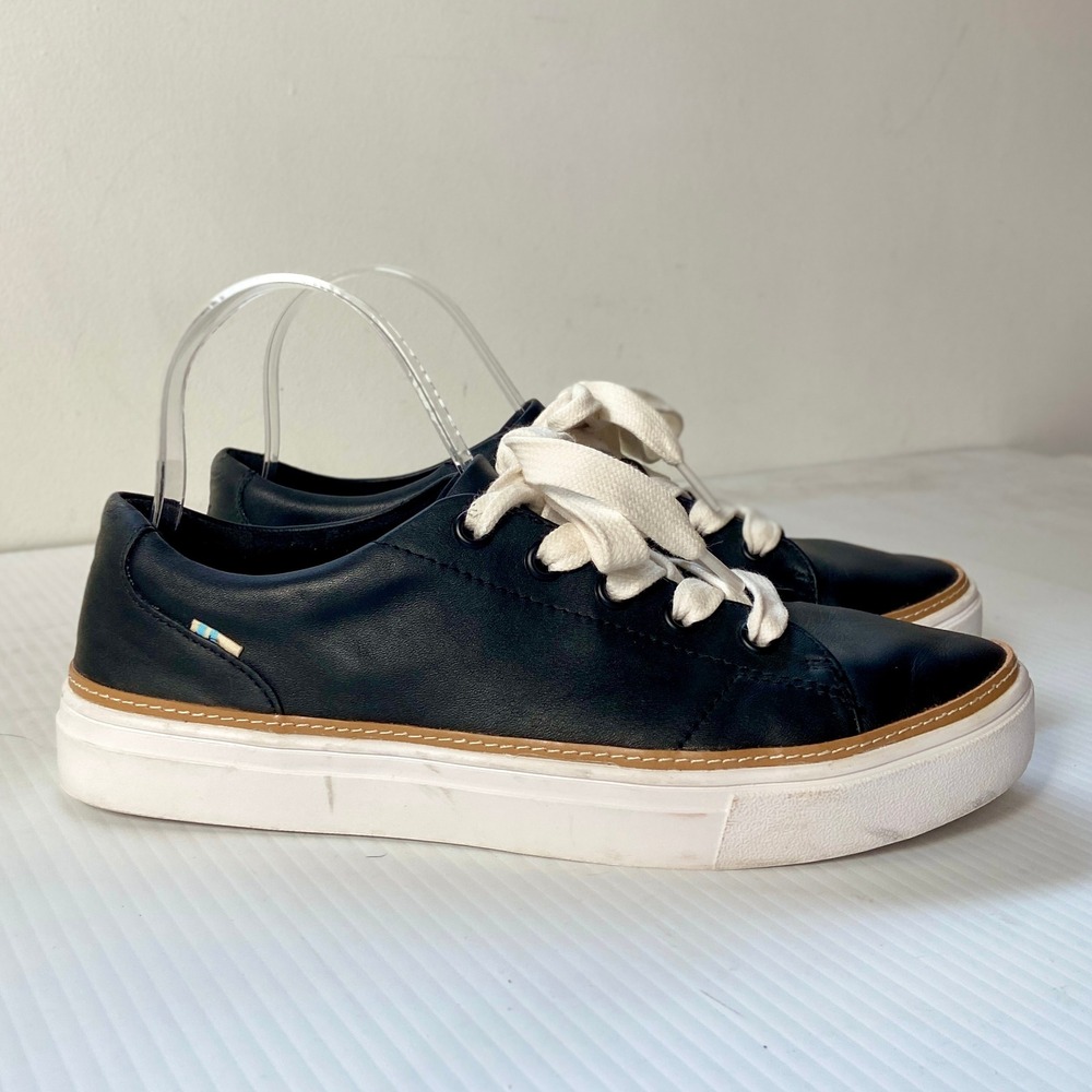 TOMS Alex Black Leather Low Top Casual Sneakers Tennis Shoes Womens 8.5